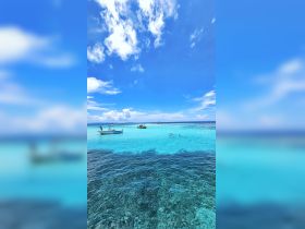 A vibrant scene of guests enjoying snorkeling in crystal-clear turquoise waters, with boats anchored nearby — a perfect day for aquatic adventures.