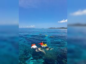 A group enjoys snorkeling in crystal-clear waters, showcasing the vibrant marine life and stunning scenery — a perfect adventure for water enthusiasts.