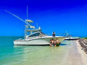 A group of friends enjoys a sunny day at the beach, posing in the water next to their fishing boat — a perfect setting for fun and relaxation.