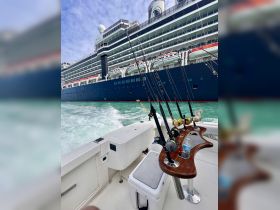 A well-equipped fishing boat featuring rod holders and gear, with a cruise ship in the background, perfect for a day of deep-sea fishing.
