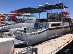 The 'Sirena de la Noche' boat is docked and ready for rental, showcasing its spacious design and amenities for an enjoyable day on the water.