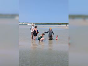 A family enjoys a fun day at the beach, interacting in shallow water and creating lasting memories together.