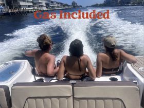 Three friends enjoy a sunny day on the water, taking in the views from the back of a boat — perfect for summer adventures and fun outings.