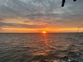 A stunning sunset over the water, captured from a boat, showcasing the serene beauty of evening cruises.