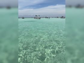 A vibrant scene at a sandbar with multiple boats anchored in clear turquoise waters, showcasing a lively atmosphere perfect for swimming and relaxation.