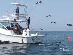 A lively group enjoys a fishing trip aboard the boat 'TILICHE,' surrounded by birds in the water — a perfect day for family fun on the ocean.