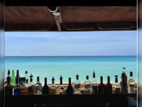 A vibrant display of various spirits and cocktails at a beachside bar, overlooking the stunning turquoise waters — perfect for refreshing drinks on a sunny day.