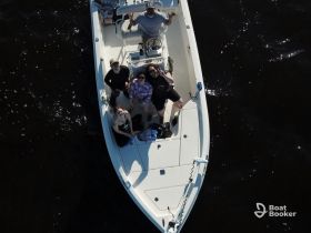 A fun group enjoys their time aboard a boat, capturing a memorable moment from above — perfect for celebrating adventures on the water.