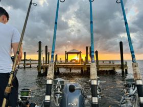 A fisherman enjoys a serene sunset view from a boat, with fishing rods in hand and a picturesque dock in the background — a perfect moment for fishing enthusiasts.