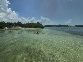 A group enjoys a refreshing swim in shallow waters near a sandbar, with a pontoon boat anchored nearby — perfect for a fun day on the water.