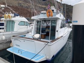 A well-maintained boat named 'Flipper II' docked in a marina, showcasing its sleek design and inviting interior.