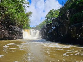 A stunning view of a waterfall cascading through rocky cliffs, surrounded by lush greenery — a perfect representation of nature's beauty during a boat trip.