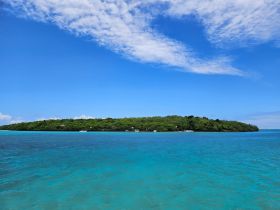 A stunning view of a lush island surrounded by crystal-clear turquoise waters, perfect for exploring and enjoying nature's beauty.