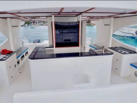 A spacious interior view of a boat's cabin featuring a sleek kitchen area and seating, perfect for entertaining guests while enjoying the water.