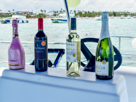 A selection of fine wines and sparkling beverages displayed on a boat, perfect for enhancing your cruising experience with refreshments.