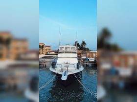 A striking front view of a yacht docked at the marina, showcasing its sleek design against a clear blue sky.