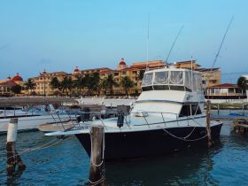 A beautiful yacht docked at a marina, showcasing its sleek design against a backdrop of palm trees and resort buildings, perfect for fishing trips or leisure cruises.