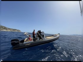 A group of friends enjoys a thrilling ride on a Viper boat, showcasing the excitement of on-water adventures in beautiful surroundings.