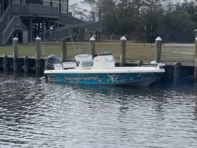A sleek speedboat named 'Team Vinson Charters' docked at the pier, showcasing its vibrant design against the calm waters.
