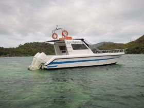 A sleek boat named 'Spadron' anchored in clear waters, surrounded by lush greenery — perfect for exploring coastal destinations.