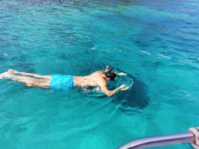 A snorkeler explores the vibrant underwater world in crystal-clear waters, showcasing the thrill of marine adventures.
