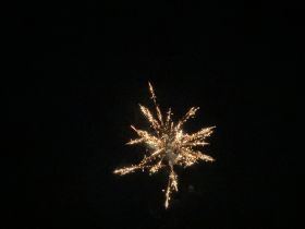A vibrant firework burst lights up the night sky, creating a stunning visual display.