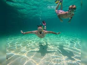 A man and a child enjoy snorkeling in crystal-clear waters, showcasing the excitement of underwater exploration and family bonding during a tropical adventure.