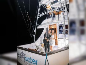A joyful couple celebrates with champagne on a boat at night, capturing a memorable moment perfect for romantic occasions or special events.