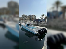 A sleek speedboat docked at a marina, showcasing its modern design and powerful engines — perfect for thrilling water adventures.