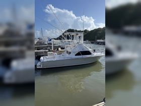 A sleek fishing yacht docked at the marina, showcasing its impressive structure against a backdrop of clear skies and lush greenery.