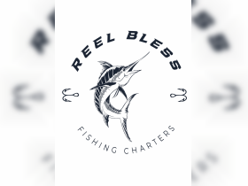 Logo design for 'Reel Bless Fishing Charters' featuring a marlin, ideal for branding fishing-related services.