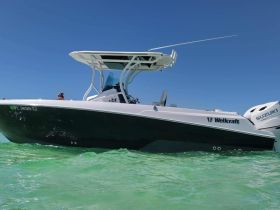 A sleek Welcraft speedboat glides through clear turquoise waters, showcasing its stylish design and perfect for thrilling adventures on the water.