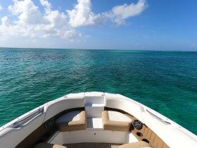 A stunning view from the front of a speedboat cruising through crystal-clear turquoise waters, perfect for a day of adventure on the sea.