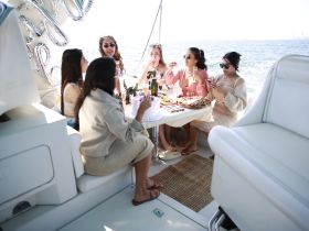 A lively group of friends enjoys a festive celebration aboard a boat, complete with cocktails and a delicious spread of food — perfect for memorable gatherings on the water.