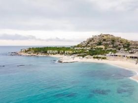 A stunning aerial view of a picturesque coastline featuring lush greenery and sandy beaches, perfect for showcasing tropical destinations and island getaways.