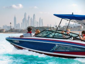 A group enjoys a thrilling ride on a speedboat with a stunning city skyline in the background, perfect for adventurous outings on the water.
