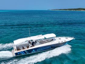 A sleek speedboat named 'Aquashores' glides through the crystal-clear waters, showcasing its vibrant design and perfect for thrilling water adventures.