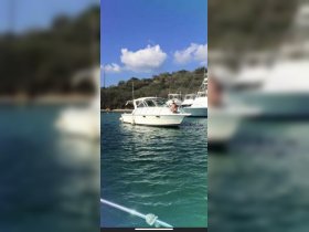 A boat cruising in clear waters, with a person visible on board, showcasing a perfect day on the water.