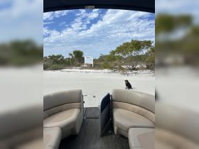 Interior view of a pontoon boat with comfortable seating, showcasing a serene beach backdrop — perfect for relaxing days on the water.