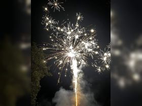 A vibrant display of fireworks lighting up the night sky, creating a festive atmosphere.
