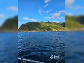 A stunning view of a lush green coastline under a clear blue sky, showcasing the natural beauty of the area from the water.
