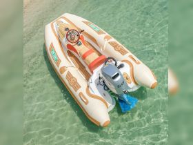 An aerial view of a sleek speedboat resting in clear waters, showcasing its stylish design and features — perfect for a day of adventure on the water.