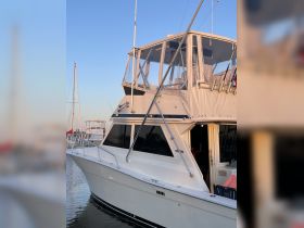 A close-up view of a yacht's exterior, showcasing its sleek design and features while docked at the marina.
