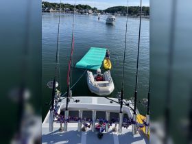 A child enjoys kayaking next to a floating mat in a serene harbor, showcasing a fun day on the water with family and friends.