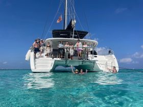 A lively group enjoys a day on a catamaran, celebrating and swimming in crystal-clear waters — perfect for unforgettable adventures on the sea.