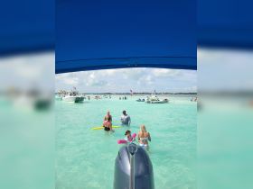 A lively scene with families enjoying a fun day in the shallow turquoise waters, featuring swimming and playful activities — perfect for summer outings.