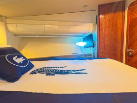 Cozy cabin interior featuring a neatly made bed with themed bedding and a small TV, perfect for relaxing on a boat getaway.