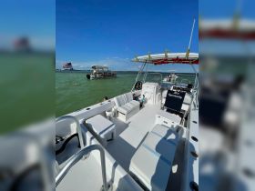 A view of the interior of a boat featuring comfortable seating and a helm, with a child swimming nearby, perfect for family outings on the water.