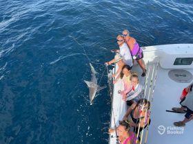 A group of excited anglers interacts with a shark during a fishing trip, showcasing the thrill of deep-sea fishing adventures.