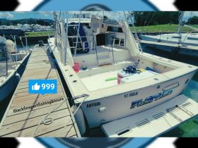 A well-maintained fishing boat named 'Playtime' docked at the marina, showcasing its spacious deck and amenities — perfect for sport fishing adventures in Antigua.